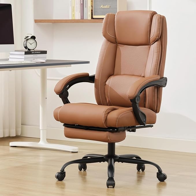 Reclining Office Chair with Footrest,Ergonomic Home Office Desk Computer Chair with Lumbar Support,Thick Executive Leather Chair,90-155° Adjustable (Brown)