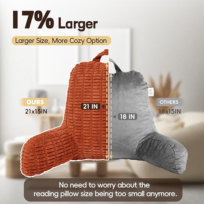 21" Higher Large Reading Pillow for Bed Adult, Back Pillow for Bed Sitting Up with Memory Foam Back Support with Arms Rest for Couch Chair Caramel