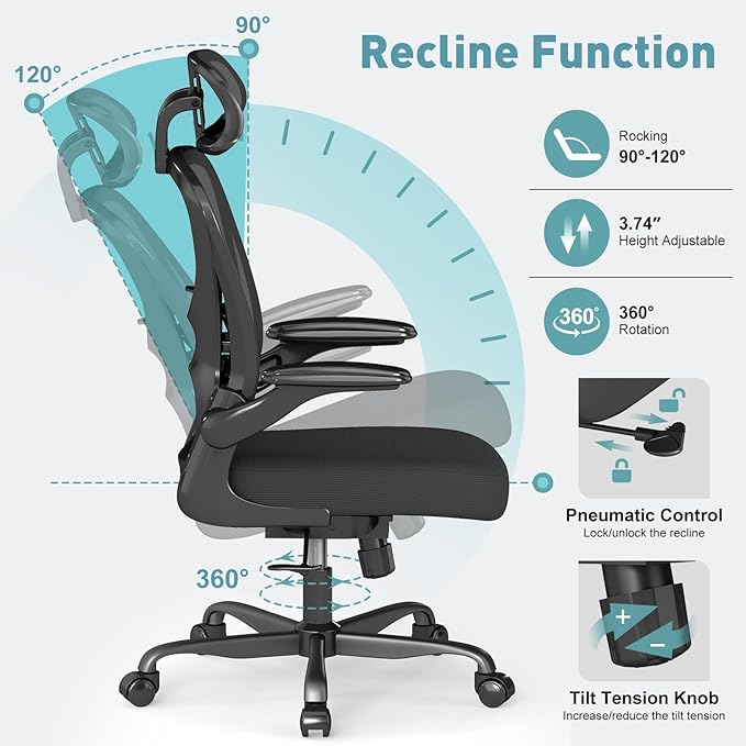 Ergonomic Mesh Office Chair, Home Computer Chair with Flip-Up Armrests, Adjustable Lumbar Support and Headrest, Height Adjustment, Smooth Casters, and 360° Swivel, 4PC, Black