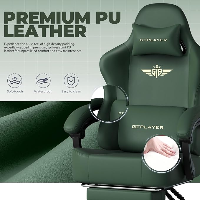 GTPLAYER Gaming Chair with Pocket Spring Cushion, Big and Tall Gamings Chairs 350LBS High Back Computer Chair with Footrest for Adults Lumbar Support Swivel Game Chair for Office, Leather Green