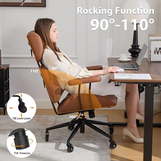 Office Chair, Ergonomic Computer Chair with Adjustable Headrest and Lumbar Support, Executive Leather Chair with Padded Arms, High Back Desk Chairs for Long Hours Sitting,Brown