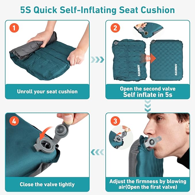 Inflatable Seat Cushion, 2 Pack Self Inflating Memory Foam Portable Stadium Seat Cushions for Bleachers Lightweight Camping Comfort Airplane Cushion for Long Flights Outdoor Events (2 Pack Blue)