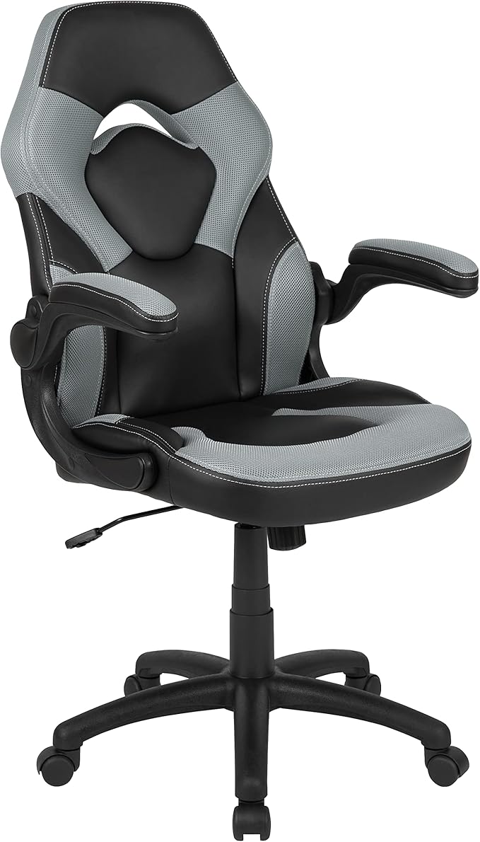 Flash Furniture X10 High-Back LeatherSoft Racing Style Gaming Chair with Flip-Up Arms, Ergonomic Padded Swivel Computer Chair, Gray/Black