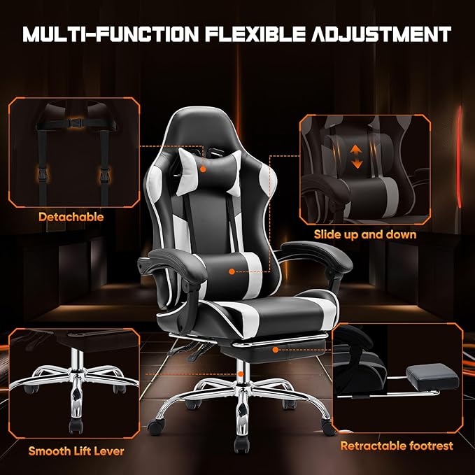 DUMOS Ergonomic Gaming Office Desk Chair with Footrest, Height Adjustable 360° Swivel Computer Chair with Headrest and Lumbar Support, Pear White