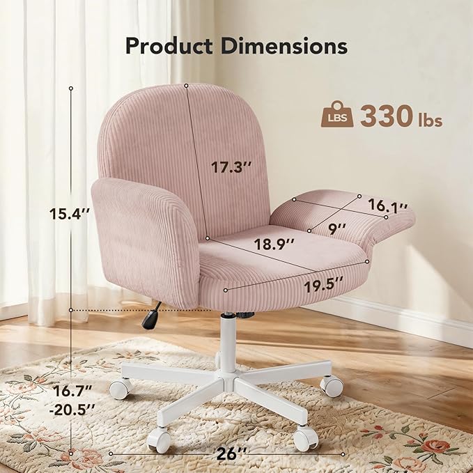 HUANUO Criss Cross Office Chair for Women, Cross Legged Desk Chair with Adjustable Armrests, Soft Corduroy Fabric for Small Spaces, Petite Home Office Computer Chair for Girls, Pink