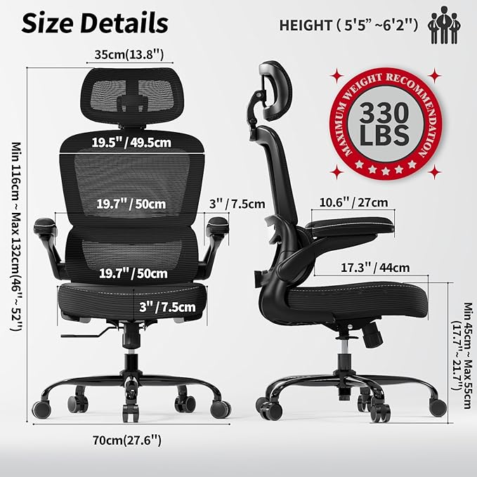 TRALT Ergonomic Office Chair - Desk Chair with Adjustable Headrest Lumbar Support Computer Chair - Mesh Comfy Chair with Flip-up Armrests - Gaming Chair for Adults Home Office PU, Black, Pack of 8
