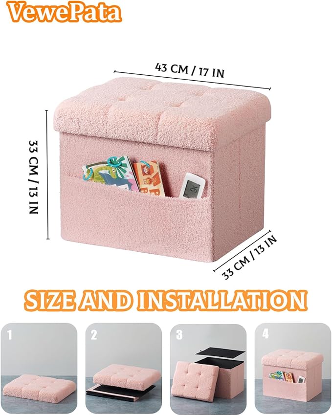 Storage Ottoman Foot Stool,Faux Teddy Tufted Foot Rest, Space Saver Chair with Storage,Ergonomic Stool for Bedroom/Living Room/Desk/Office(17x13x13 inches, Pink)