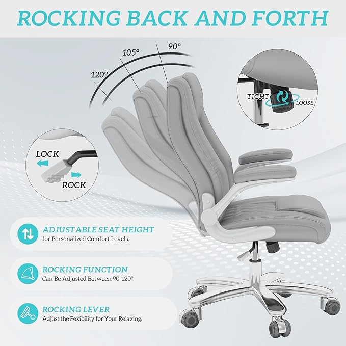 GYI Office Chair, Ergonomic Computer Desk Chair, Leather Executive Office Chair with High Back, Lumbar Support, Flip-up Arms, Wide and Thick Padded Seat, Heavy Duty Base, Rubber Wheels, Grey