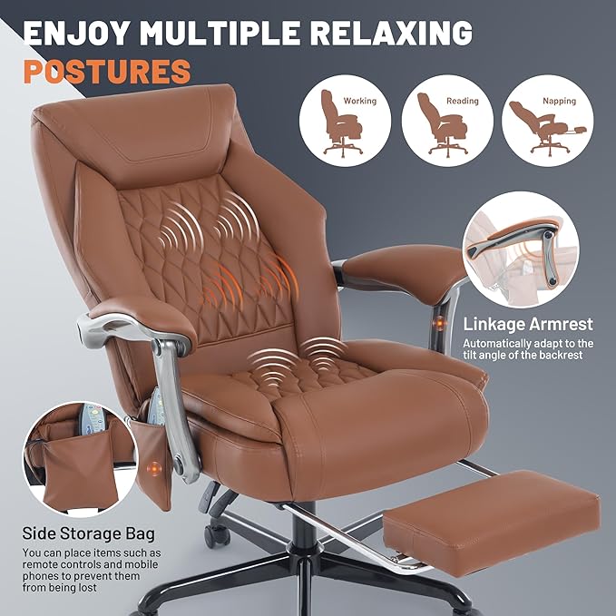 Massage Office Chair with Heat & Foot Rest, 6 Points Vibration, Ergonomic Executive Reclining Desk Chair, PU Leather Padded Seat for Home Office Comfort