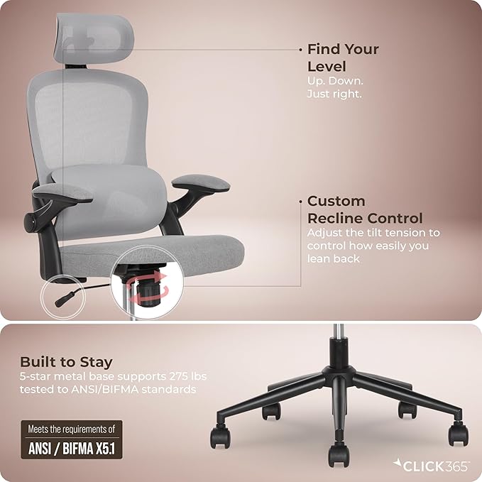 AeroCore M320 Ergonomic Office Chair, High Back Breathable Mesh Computer Chair with Lumbar Support, Adjustable Headrest & Tilt, Flip-Up Arms, 360° Swivel Home Office Desk Chair, Gray