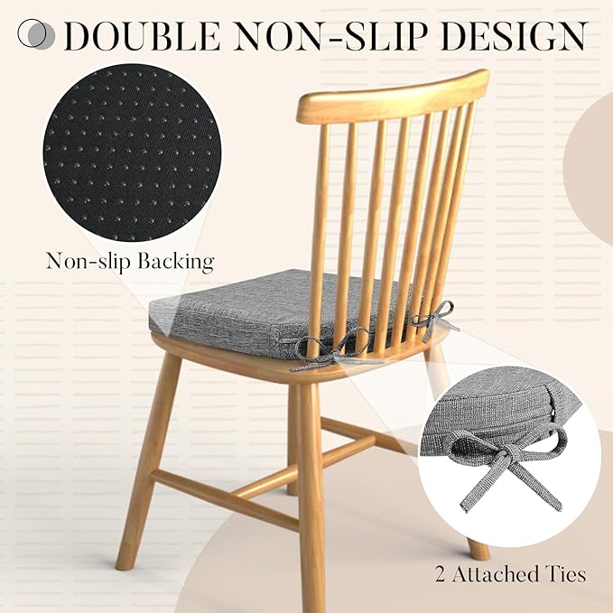Basic Beyond Chair Cushions for Dining Chairs with Ties and Removable Cover, 2" Thick Seat Cushions for Kitchen Chairs, Set of 6, 17" x 16", Dark Grey