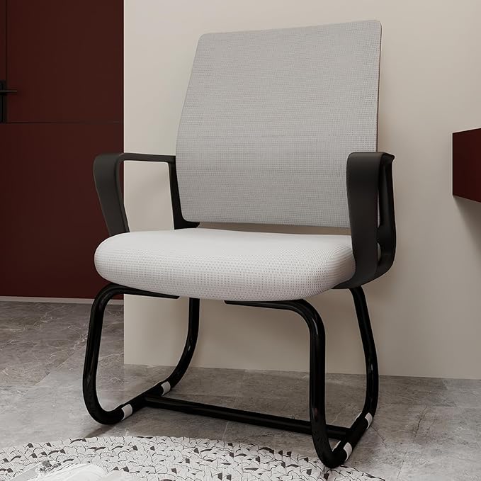 Modern Mesh Office Chair, Ergonomic Desk Chair with Armrests, Breathable Computer Task Seat for Home Work, Sled Base Guest Furniture, Comfortable Lumbar Support, Metal Frame, Black+ Gray