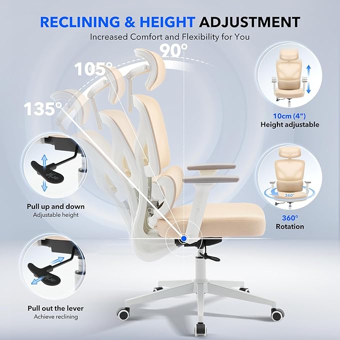 Office Chair Ergonomic Desk Chair - Home Mesh Office Desk Chair with Adjustable Lumbar Support, High-Back Computer Gaming Chair with Headrest 3D Armrests, Rolling Swivel Task Chairs for Home, Office