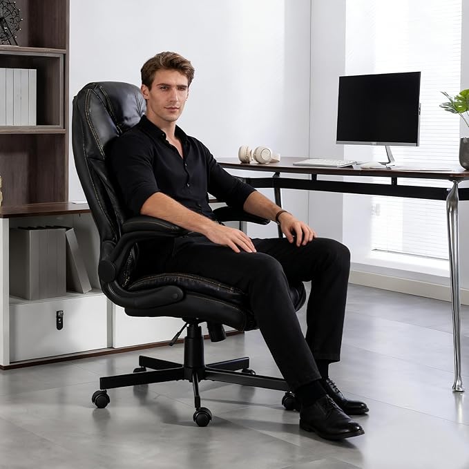 Executive Office Chair Big and Tall 400LBS - Ergonomic Comfy Heavy Duty Extra Wide Seat Home Office Desk Chair w/Flip Arm Rest, Rocking Function, Lumbar Support, Black