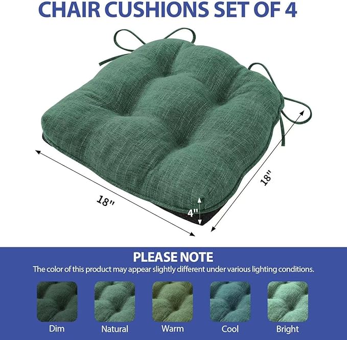IPYNBAP Chair Cushions for Dining Chairs Set of 4, Kitchen Chair Cushions, Chair Pads with Ties Non Slip Backing, Christmas Room Decor, Tufted Memory Foam Seat Cushion 4 Pack, 18"x18"x4", Dark Green