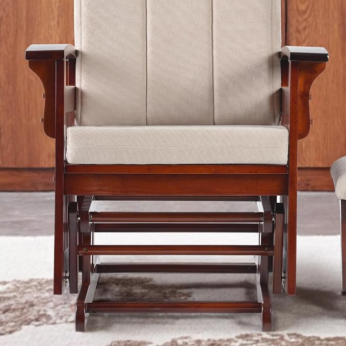 Solid Wood Glider Rocking Chair and Ottoman Set, Rustic Nursery Glider Rocker with Padded Cushion, Smooth Rocking Motion Indoor Living Room Nursing，Napping，Reading, Cream