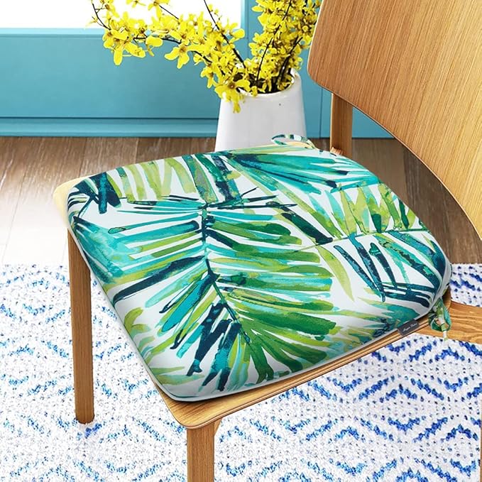 Magpie Fabrics 17"x16"x2" U-Shape Chair Cushions with Ties 2 Count, Outdoor Indoor Waterproof All Weather Seat Pads Decoration for Patio Garden Dining Office - Green Palm Leaves