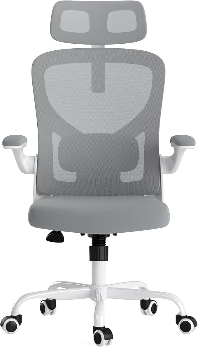 JOSHEN Breathable Mesh Elegance Office Chair, Modern Refined Office Chair with Adjustable Lumbar & Headrest, Minimalist Single Sofa Chairs for Home Office & Study, Gray,White