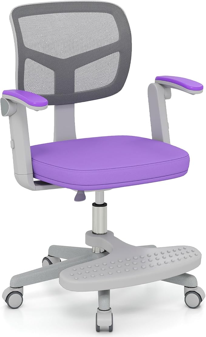 Giantex Kids Desk Chair, Ergonomic Adjustable Student Rolling Chair with Footrest & Flip-up Armrest, Mesh Children Office Chair with Universal Wheels, Kids Computer Chair for Boys & Girls, Purple