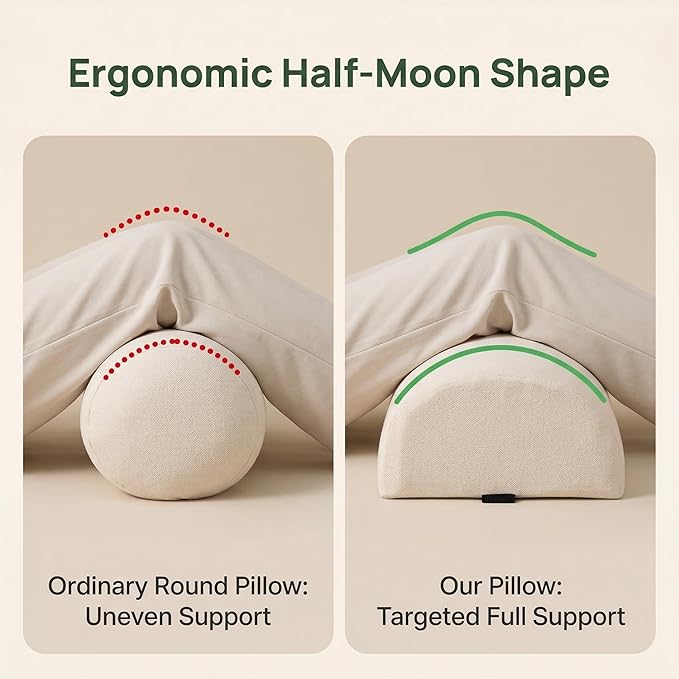 Under Knee Pillow, Half Moon Leg Pillow - Memory Foam Ergonomic Support Pillow for Side & Back Sleepers, Pain Relief & Alignment, Under Knee, Lumbar & Multi-Use Bolster Beige