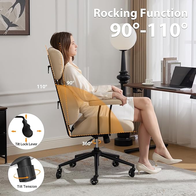 Office Chair, Ergonomic Computer Chair with Adjustable Headrest and Lumbar Support, Executive Leather Chair with Padded Arms, High Back Desk Chairs for Long Hours Sitting,Beige