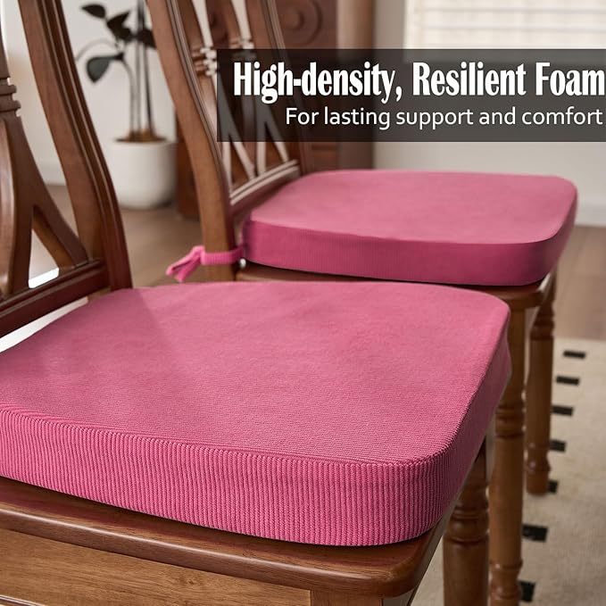 2'' Thick High-Density Foam Indoor Chair Cushions | Dining Chair Pads with Ties, Removable Washable Cover, Kitchen Chair Cushions 17"x16",Rose Red 4 Pack