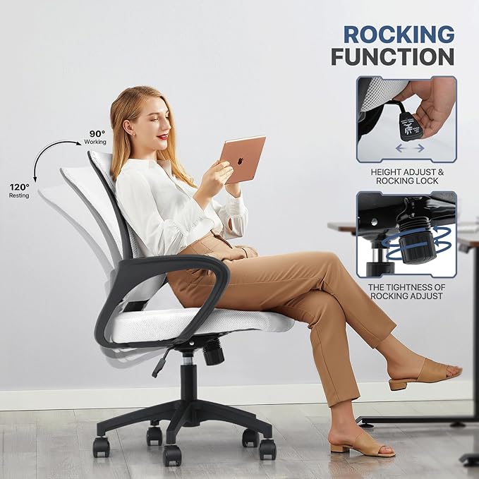 MoNiBloom Mesh Office Chair, Ergonomic Computer Chair for Adults, Rolling Swivel Mid-Back Desk Chair with Lumbar Support, Comfy Armrest for Home Office, Gaming, White