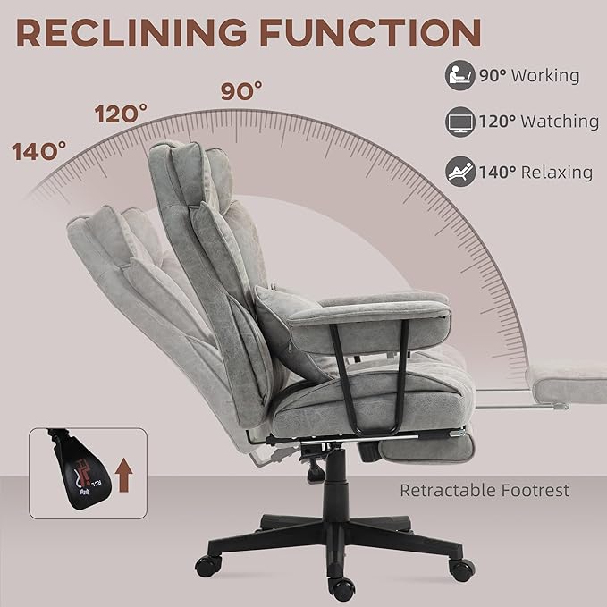 HOMCOM Executive Office Chair, 400LBS Big and Tall Office Chair with Foot Rest, Microfiber Computer Desk Chair with Lumbar Support, Reclining Function and Wide Seat, Gray