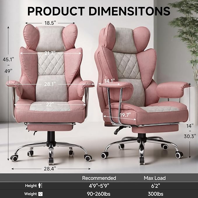 GTPLAYER Gaming Chair,Office Chair with Pocket Spring Lumbar Support, Ergonomic Comfortable Wide Office Desk Computer Chair with Outward Fixed Soft Armrests and Footrest (Fabric, Pink)