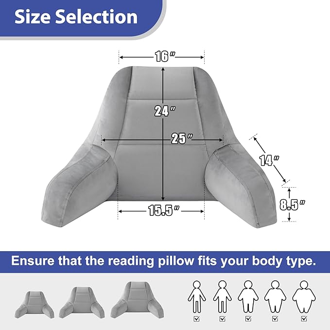 IASEAHK Reading Pillows for Sitting in Bed Adult, Back Pillow for Bed Sitting Up, Backrest Pillows with Shredded Foam for Adult&Teens, Support Pillow with Arms for Beds, Couch, Floor, 24in, Grey