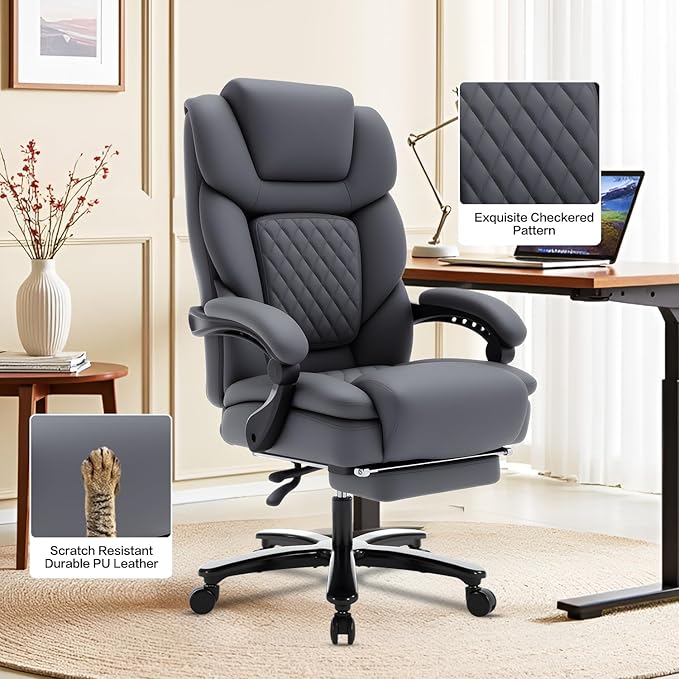 Heavy Duty Recliner Office Chair with Footrest, Wide Seat Big Tall Reclining Office Desk Chair for 500lbs Heavy People, Grey