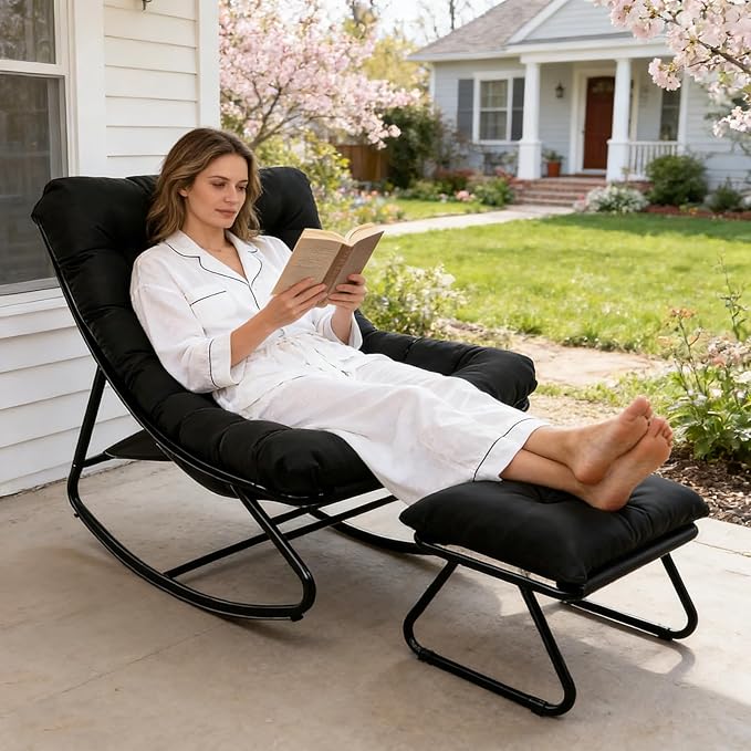 Outdoor Rocking Chair, Rocking Chair with Foot Rest, Comfy Rocker Chairs with Thick Cushion and Frame, Mecedora for Balcony, Living Room, Patio (Black.)