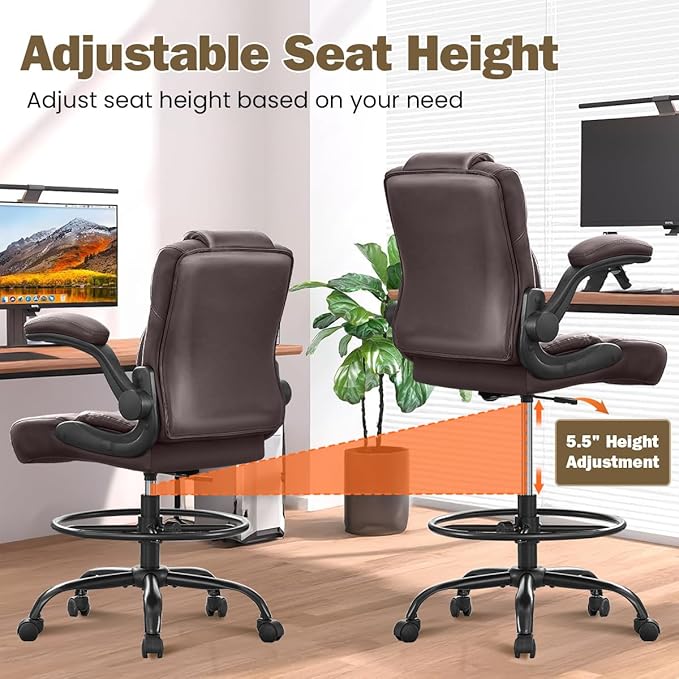 Ergonomic Drafting Chair,Tall Office Chair for Standing Desk with Flip-Up Armrests,Adjustable Foot Ring & Height, High Leather Executive Office Chair for Home,Drawing or Counter Height Use
