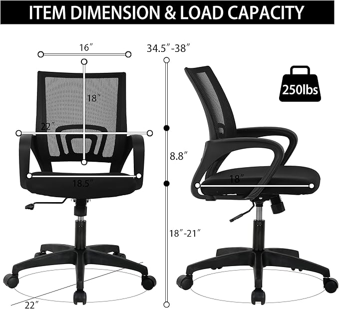 Executive Office Chair with Lumbar Support - Premium Mesh Back, Multi-Function Mechanism (250lbs Capacity), PVC Base, Black