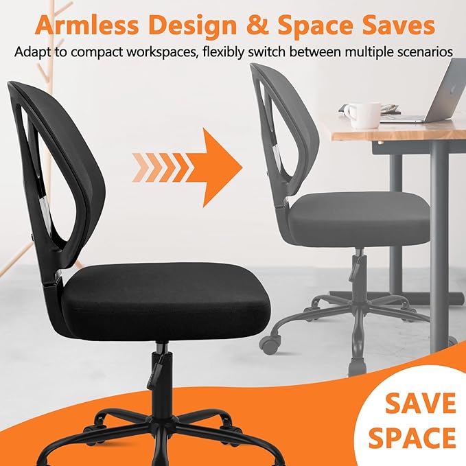 CLATINA Armless Home Office Chair, 360° Swivel Rolling Desk Chair with Lumbar Support and Wheels, Adjustable Height Mesh Back Small Ergonomic Computer Task Chair for Conference Waiting, Black(6 Pack)