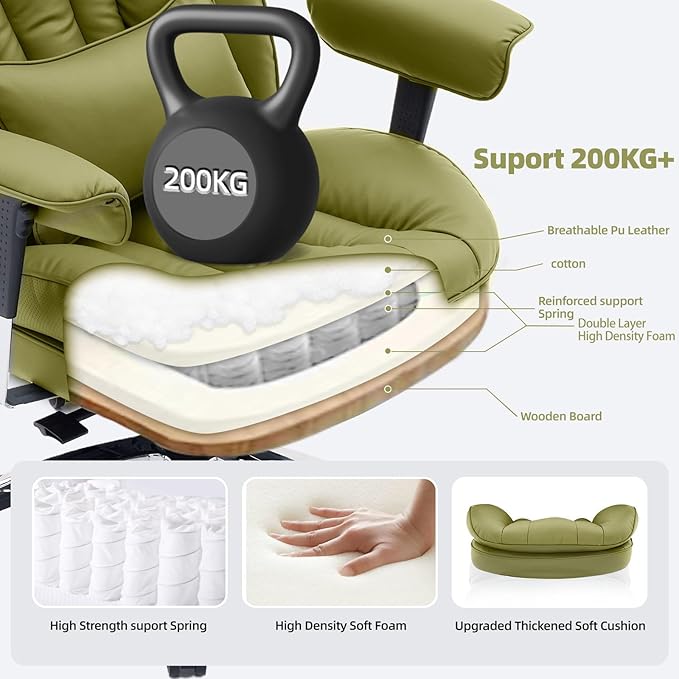 Efomao Desk Office Chair, X-Embroidery Big and Tall PU Leather Home Chair, Adjustable High Back Computer Gaming Chair, 200kg Swivel Executive Office Chair with Footrest and Lumbar Support, OLIVE GREEN