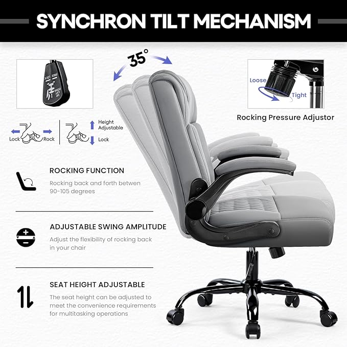 OFIKA Leather Office Desk Chair,Ergonomic Office Chair with Lumbar Support,Computer Chair,Executive Leather Chair with Padded Flip-up Arm,Adjustable Armrests, Gray,275LBS