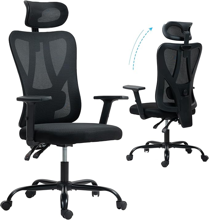 ECOTOUGE Ergonomic High Back Office Chair, Floor Chair with Back Support, Big and Tall Office Chair with Adjustable Headrest, Gaming Chair Mesh Home Office/Study Chair, Black