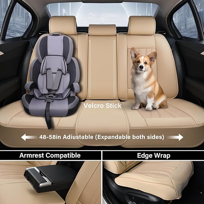Coverado Car Seat Covers Full Set, 5 Piece Car Seat Protector with Lumbar Support & Removable Headrest, Breathable Leather Front Rear Seat Cushion Universal Fit for Truck Automotive Beige