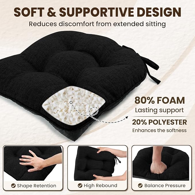 downluxe Indoor Chair Cushions for Dining Chairs, Tufted Overstuffed Textured Kitchen Chair Pads with Ties and Non-Slip Backing, 16.5" x 16.5" x 4", Black, 4 Pack