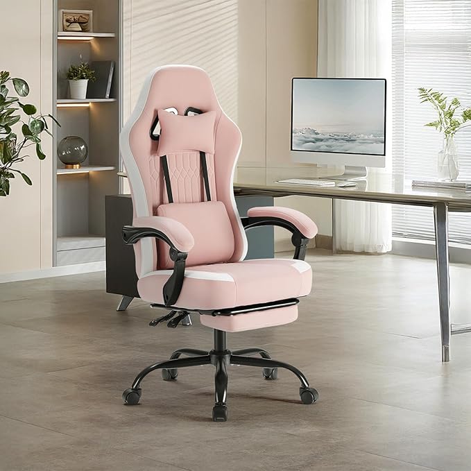 Sweetcrispy Video Gaming Chair - Ergonomic Desk Chair with Footrest and Lumbar Support, Height Adjustable High Back Task Chair with Linkage Armrests and Headrest, 360° Wheels, Pink