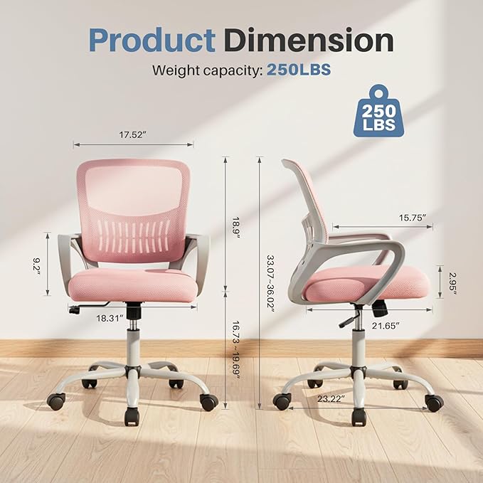 DUMOS Home Office Computer Chair - Ergonomic Mid Back Desk with Lumbar Support and Rocking Mode, Height Adjustable with Fixed Armrest, for Conference Meeting Room, 360° Swivel, Adults, Pink