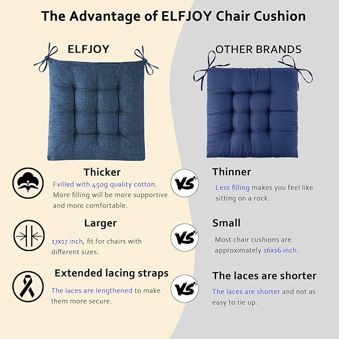 ELFJOY Rocking Chair Cushion Large Rocking Chair Pads with Ties Premium Linen High Back and Seat Cushion 2 Piece Set Linen Navy