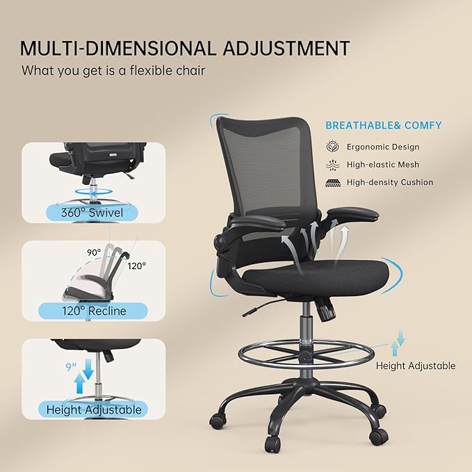 Drafting Chair,Tall Office Chair for Standing Desk,Office Drafting Chair with Footrest Ring,High Office Chair with Tilt Back,Extra Tall Office Chairs with Flip Up Armrest
