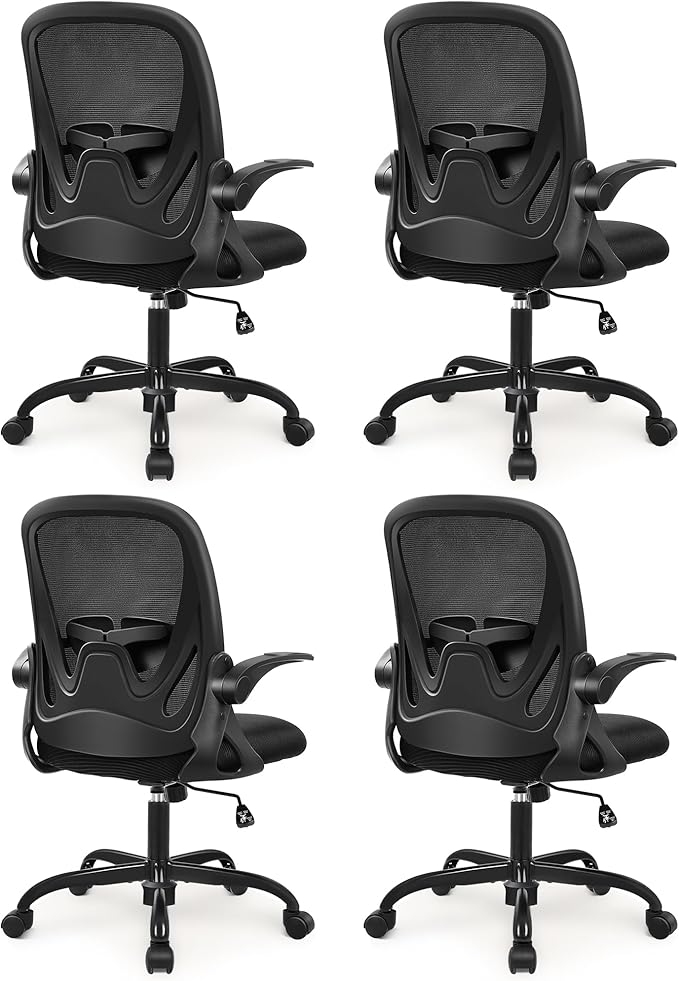 Primy 4-Pack Office Chair Ergonomic Desk Chair with Flip up Armrests Swivel Breathable Desk Mesh Computer Chair with Adjustable Lumbar Support and Height for Conference Room (Black)