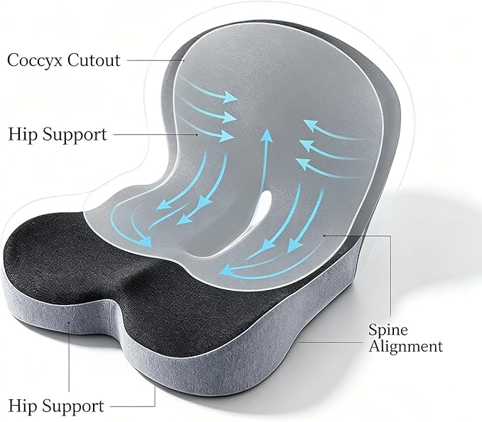 Orthopedic Cushion, Memory Foam Seat Cushion for Pressure Relief, Tailbone & Hip Support, Non-Slip Ergonomic Cushion for Long Sitting, Office Car Gaming Chair(Grey)
