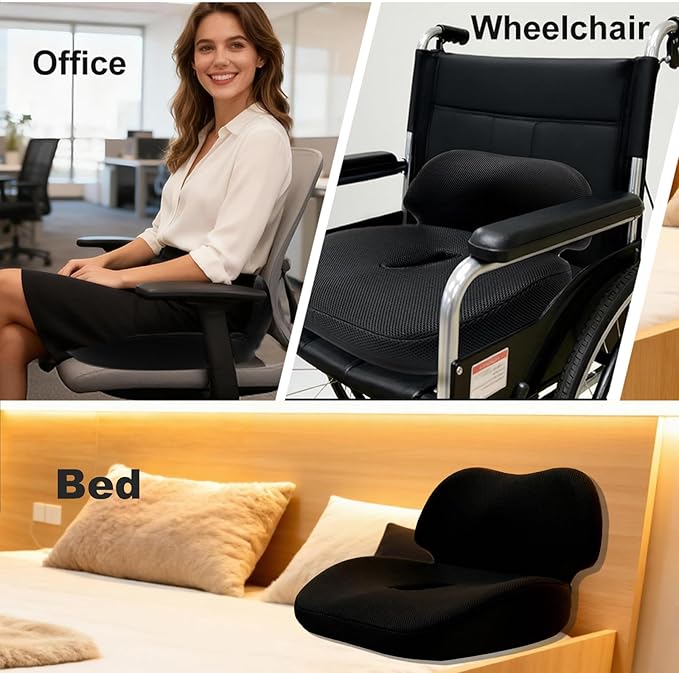 Memory Foam Seat Cushion for Office Chair, Wheelchair Cushions,Hemorrhoid Pillow,Lower Back Support,Bed Sore Cushions for Butt,Cushion for Coccyx Pressure Relieves,Washable Cover.(Black)