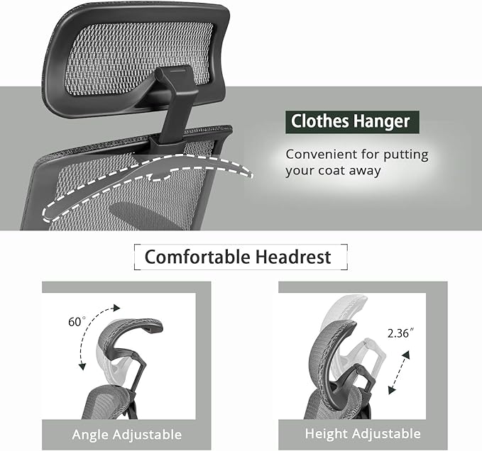Furmax Ergonomic Office Chair Executive Chair with Mesh Seat High Back Computer Desk Chair with Adjustable Headrest Lumbar Support Armrest Rolling Task Chair with Clothes Hanger (Gray)