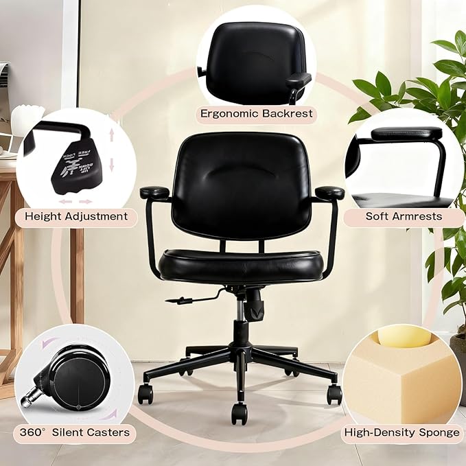 Home Office Chair, Ergonomic Desk Chair with Lumbar Support, Adjustable Height Rolling Swivel Task Chair with Armrests, PU Leather, for Meeting,Study Room Black