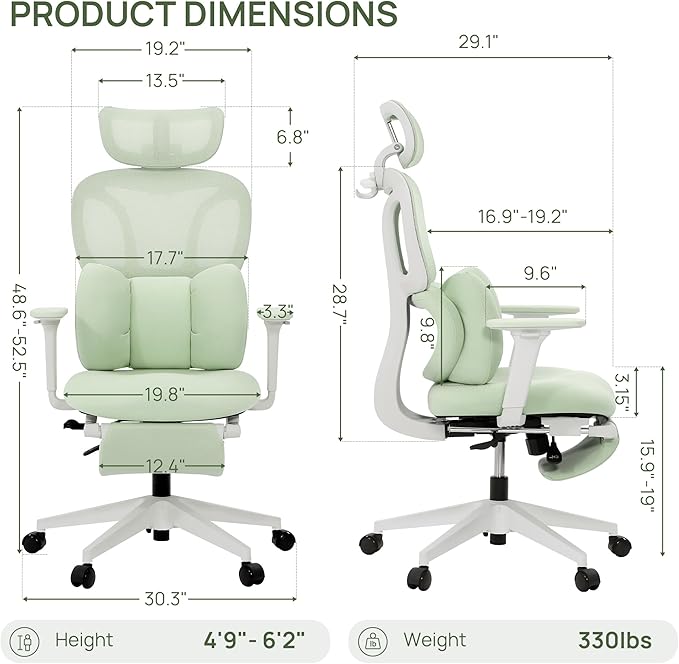 CabLady S1 Petite Ergonomic Home Desk Chair with Footrest and Headrest, High Back Fixed Lumbar Support with Detachable Pillow, Reclining Cute Office Chair for Women & Girls, 300 LBS Capacity